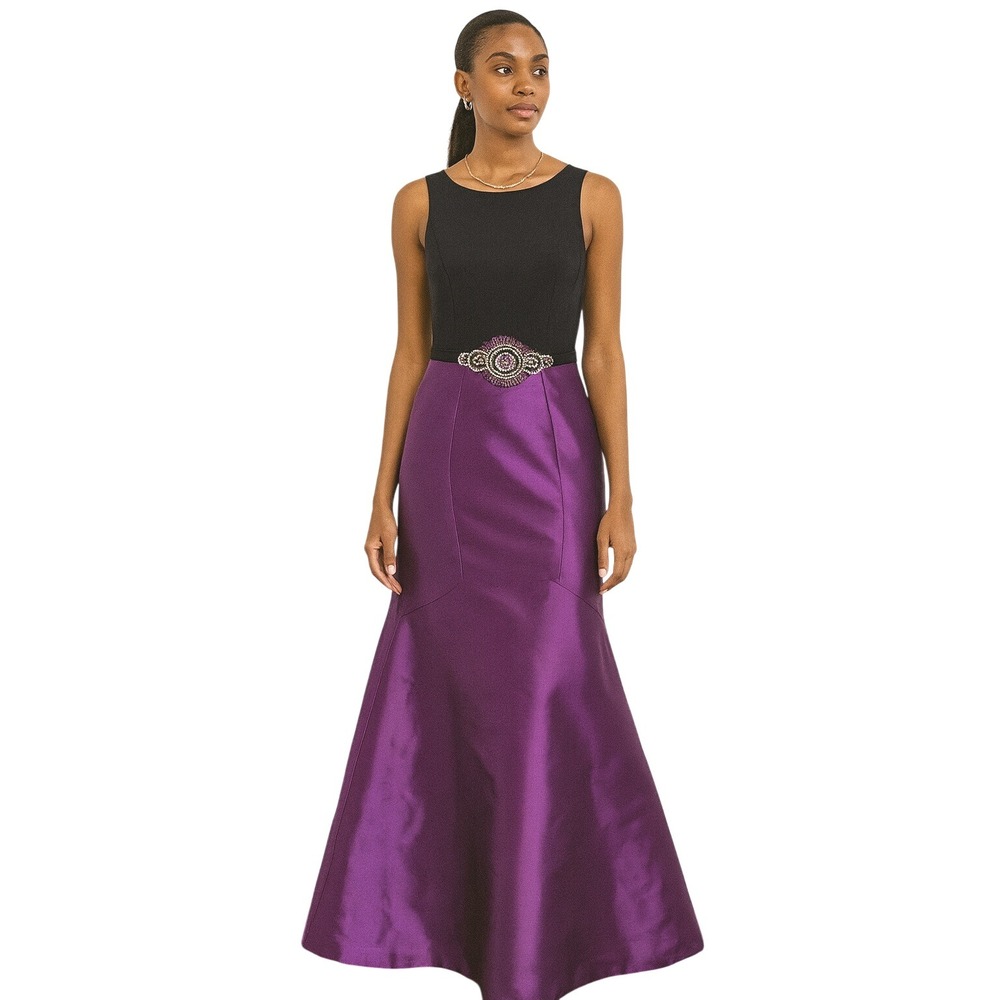 Theia Women's Black & Purple Embellished Waist Evening‎ Gown Formal Dress sz 4